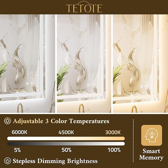 TETOTE 72 x 36 Inch Led Lighted Mirror for Bathroom Wall, Extra-Bright Beveled Bathroom Vanity Frontlit & Backlit Frameless Mirror with 3-Color Lights, Defogging, Tempered Glass, Waterproof