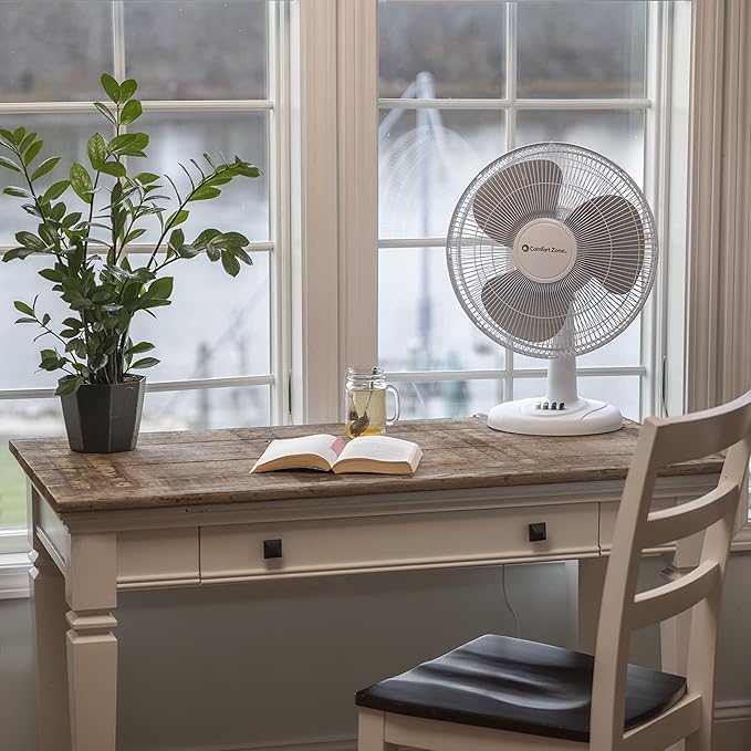 Comfort Zone 12 inch Table Fan with Adjustable Tilt, Wide Area Oscillation, Quiet Air Circulator Fan For Bedroom, 3 Speed Desktop Fan for Home Office, Push Button Controls, White