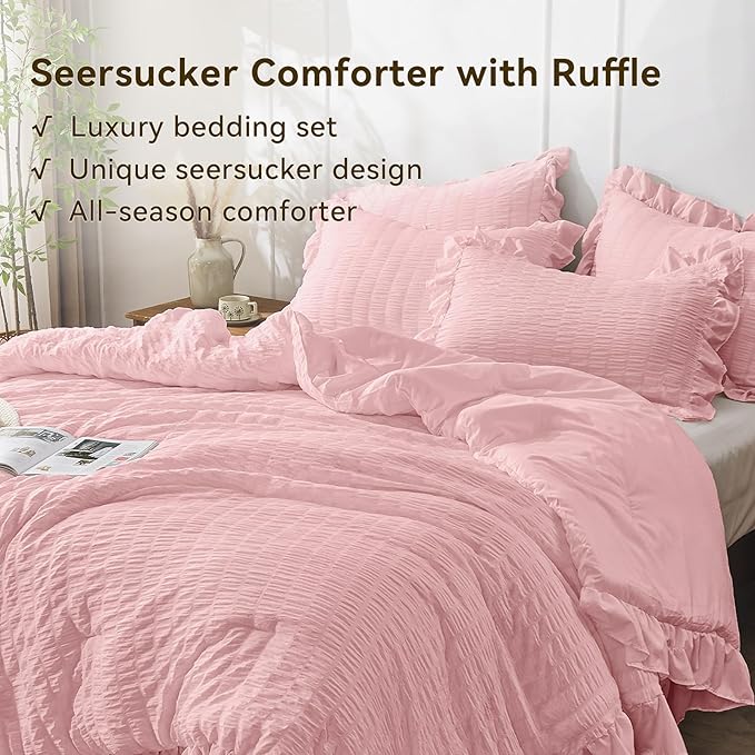 JOLLYVOGUE Pink Seersucker King Comforter Set, 3 Pieces Bed in a Bag Comforter Set, Lightweight & Fluffy Bedding Sets King for All Season with 1 Ruffle Comforter and 2 Ruffle Pillowshams
