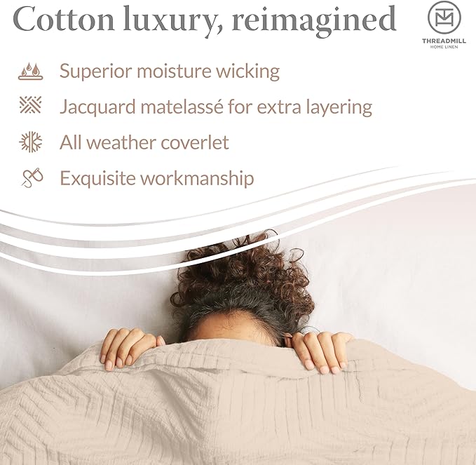 Threadmill Luxury Cotton Blankets for King Size Bed | All-Season Cozy 100% Cotton King Size Blanket | Aster Jacquard Soft & Lightweight Coverlet fits California King Size Bed, 104x92 | Vanilla Cream