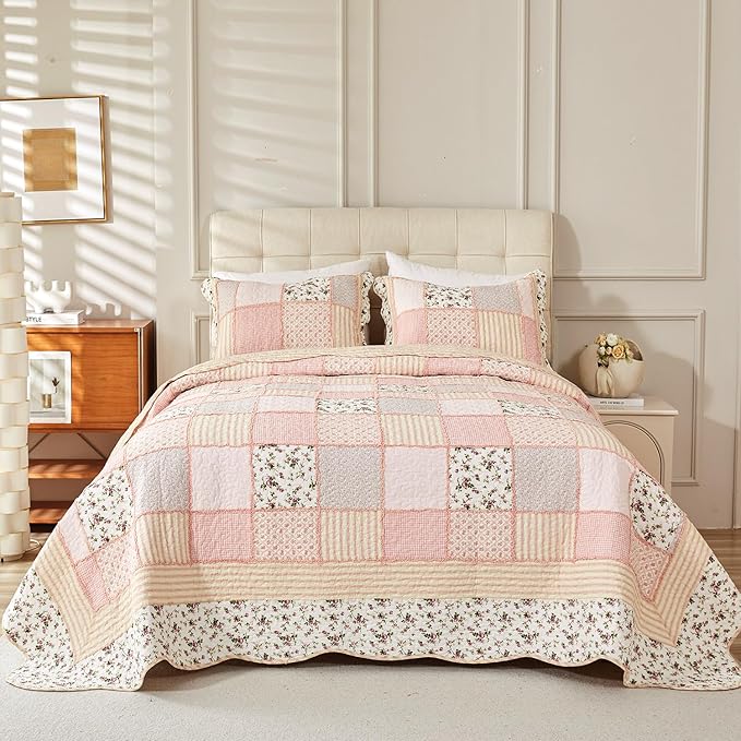 Cmfshape Floral Quilt Sets Bedspread Set 100% Cotton Patchwork Bedding Set, All Season Use Lightweight Reversible Coverlet Quilts with 2 Pillow Shams(King 106"x96")