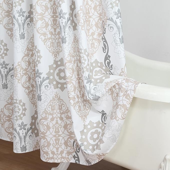 Extra Long Fabric Shower Curtain, White and Beige Boho Damask Print Shower Curtains for Bathroom, 72" W x 84" H
