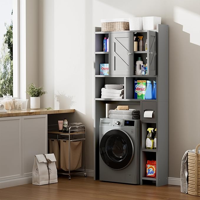Meilocar Over The Toilet Storage Cabinet, Bathroom Over Toilet Storage Cabinet, Bathroom Storages Organizer Cabinets with Toilet Paper Holder and Adjustable Shelf, Grey