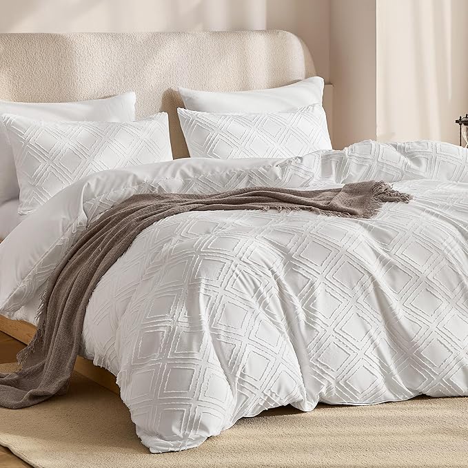 JELLYMONI Duvet Cover Full Size Bright White - 3PCS Boho Duvet Cover Set Plaid Polyester Tufted Bohemian Jacquard Knit Textured Comforter Cover 80×90in Rhombic Geometric Pattern Corner Ties & Zipper