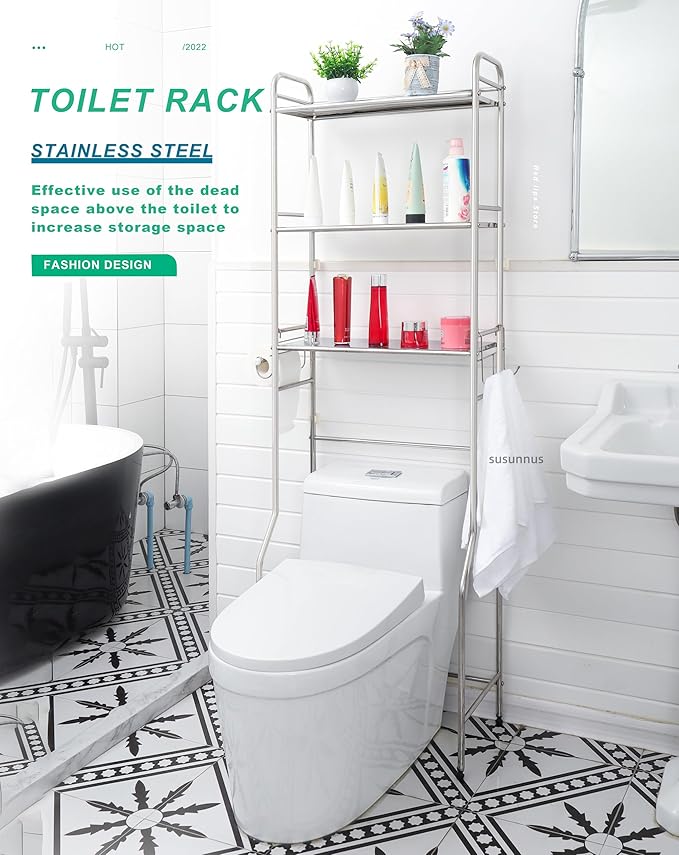 susunnus Over The Toilet Storage 3 Tier S,Bathroom Shelves Over Toilet,Freestanding Space Saver with Toilet Paper Holder,Stainless Steel,Pragmatic, Sturdy,Waterproof,Silver