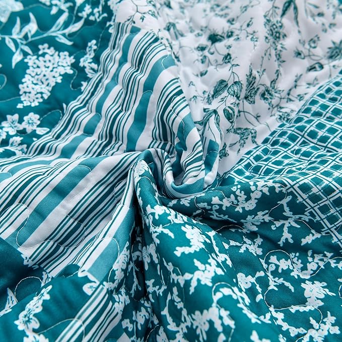 Mybedsoul Teal Blue Quilt Set Queen Size 3 Pieces Boho Plaid Turquoise Floral Bedspread Set Microfiber Lightweight Bohemian Bedding Bedspread Coverlet Set for All Season 90"x96"