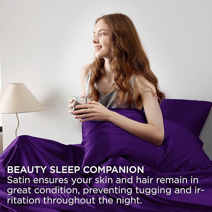 Bedsure Satin Sheets Queen Size - 4 Piece Silky Bedsheets with 15 Inches Deep Pocket Fitted Bedsheet,1 Flat Sheet, 2 Satin Pillowcases, Good for Hair & Skin (Queen, Purple)