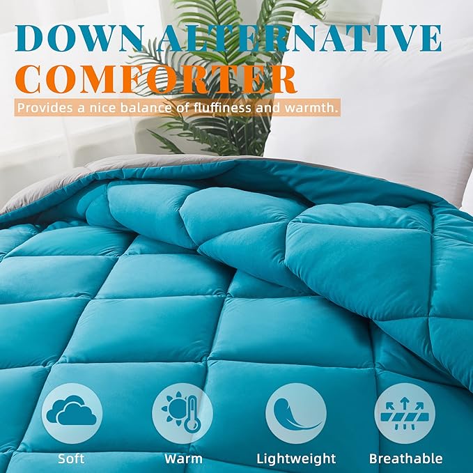 Cosybay Down Alternative Comforter (Algiers Blue/Dark Grey, Twin) - All Season Soft Quilted Twin Size Bed Comforter - Duvet Insert with Corner Tabs - Winter Summer Warm Fluffy, 64x88 inches