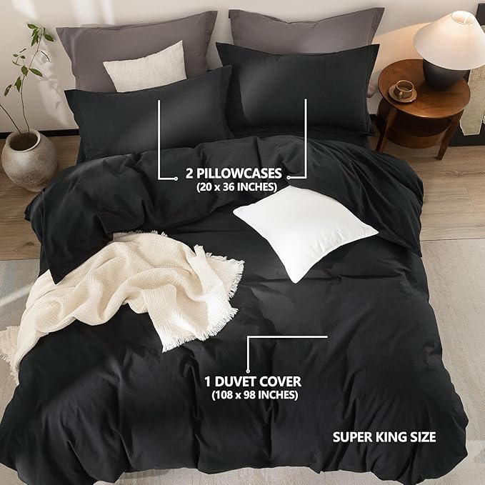 Black Duvet Cover Super King Size 100% Washed Cotton Bedding Set Cover 1 Duvet Cover with Zipper Closure and 2 Pillowcases, 108inch x 98inch