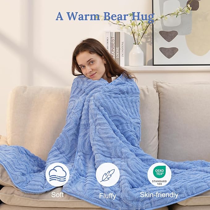 Sherpa Fleece Adult Weighted Blanket Great for Sleep, 15 lbs Dual Sided Soft Fuzzy Heavy Blankets for Couch Bed Sofa, Cozy Warm Fluffy Arched Jacquard Throw for Winter (Blue, 48" x 72", 15 Pounds)