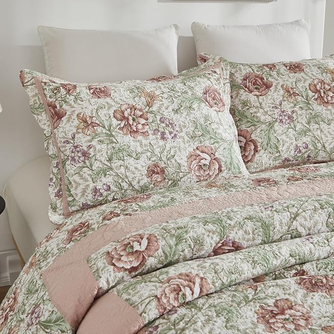 Brandeam Queen Size Quilt Set Cotton Pink Floral Quilts Country Rustic Patchwork Quilts Lightweight Summer Bedspread 3-Piece