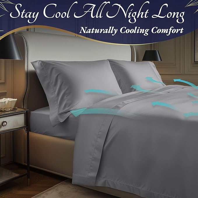 DECOLURE 100% Viscose Derived from Bamboo Sheets Full Size 4pcs - Ultra Soft & Luxuriously Cooling, 17" Deep Pocket, Double Stitching, Perfect for Hot Sleepers - Full Bed Sheets (Midgrey)
