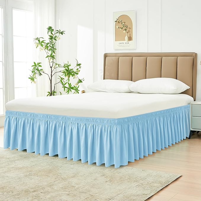 Biscaynebay Wrap Around Bed Skirts for Full & Full XL Beds 15" Drop, Light Blue Adjustable Elastic Dust Ruffles Easy Fit Wrinkle & Fade Resistant Silky Luxurious Fabric Machine Washable