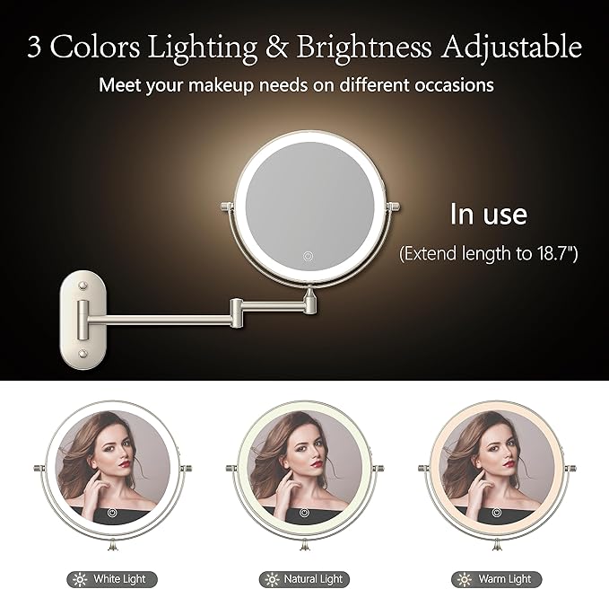 Rechargeable Wall Mounted Lighted Makeup Vanity Mirror 8 Inch Double Sided 1X 10X Magnifying Bathroom Mirror, 3 Color Lighting, Touch Screen Dimming, 360 Rotation Shaving Mirror