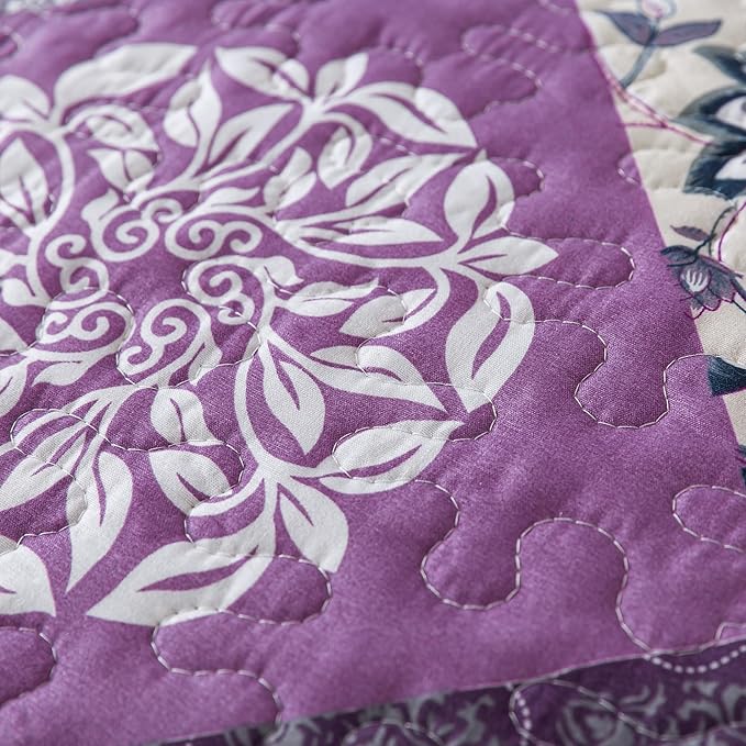 HoneiLife Queen Size Quilt Sets - 3 Pieces Queen Quilt Bedding Set Microfiber Quilt Set Lightweight Bedspreads Reversible Coverlets Retro Bed Cover Floral Bedding Set All Season Quilts-Beige & Purple
