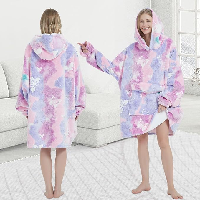 Glow in The Dark Butterfly Wearable Blanket Hoodie for Adult,Oversized Sherpa Fleece Blanket Hoodie for Women,Butterfly