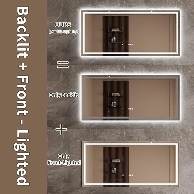 Bathroom Mirror with Lights 28"X60" with Front Light and Backlit, Tempered Glass, Wall Mount Horizontal/Vertical, Stepless Dimmable, 3 Colors, Anti Fog, Bathroom Memory LED Mirror