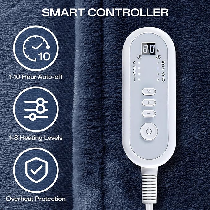 Heated Blanket Twin Size, Electric Blanket with 1-10 hrs Timer Auto-Off & 8 Heating Levels, Double-Layer Flannel Heating Blanket with ETL Certification Machine Washable (62”x 84”, Navy Blue)