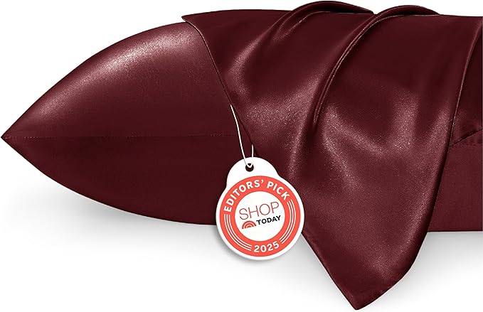 Bedsure Satin Pillowcases, Similar to Silk Pillow Cases Queen Size Set of 2, Burgundy Pillow Case with Envelope Closure, Christmas Decor Home Gifts for Women Men, 20x30 Inches, 2pcs