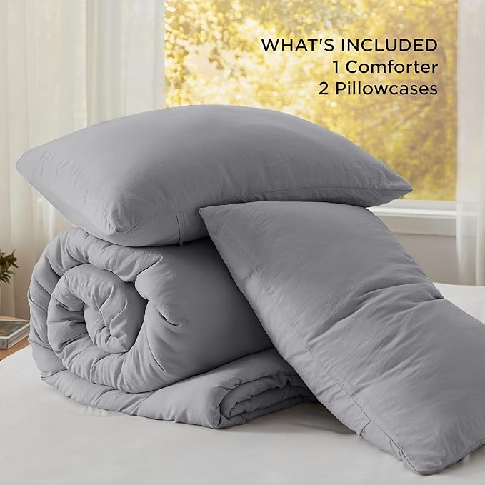 Bedsure Full Size Comforter Set, Grey Soft Prewashed Bedding for All Seasons, 3 Pieces GentleSoft™ Warm Down Alternative Bed Set, 1 Lightweight Comforter (82"x86") and 2 Pillowcases (20"x26")