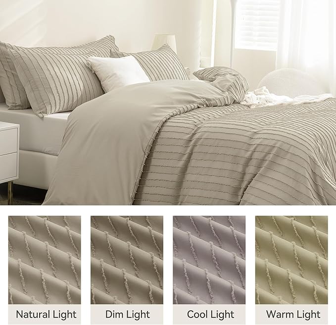 JELLYMONI Duvet Cover Twin Size Khaki - 3PCS Boho Striped Duvet Cover Set Polyester Tufted Bohemian Textured Comforter Cover 68×90in with Corner Ties & Zipper and 2 Pillowcases