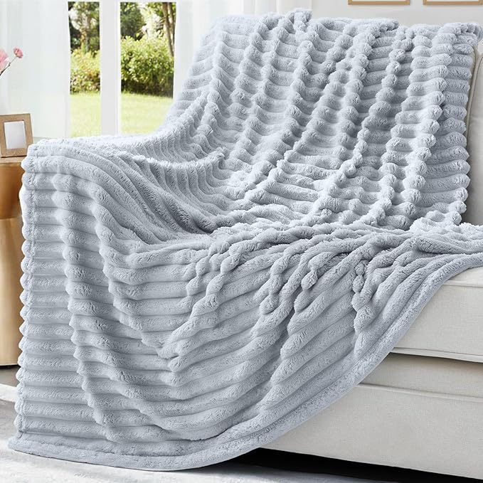 decorUhome Christmas Soft Fleece Light Grey Throw Blanket for Couch, Cozy Fluffy Plush Flannel Striped Blanket for Sofa Bed, Lightweight Decorative Ribbed Fuzzy Blanket for Woman, 50x60 Inches