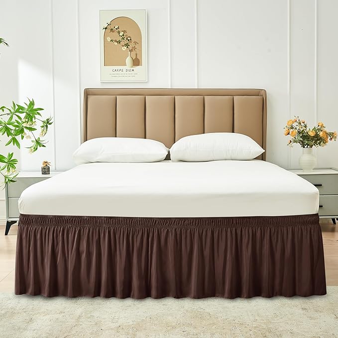Biscaynebay Wrap Around Bed Skirts for King & Cal King Beds 14" Drop, Brown Adjustable Elastic Dust Ruffles Easy Fit Wrinkle & Fade Resistant Silky Luxurious Fabric Solid Machine Washable