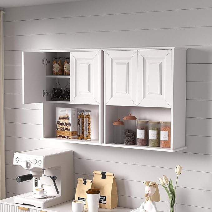 Bathroom Wall Cabinet Wooden with 2 Doors,Over the Toilet Storage Cabinet,Bathroom and Laundry Wall Mount Storage Medicine Cabinet with Open and Adjustable Shelf,Easy Assembly (Style B-2 PC, White)