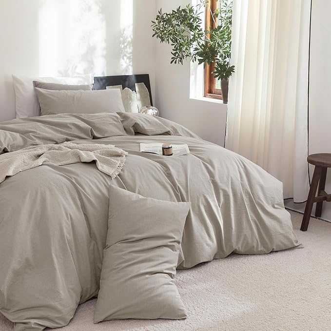 FOSSA Duvet Cover Set 100% Washed Cotton Linen Feel Super Soft Breathable Cozy 3 Pieces Bedding Sets Solid Cream Grey Super Queen