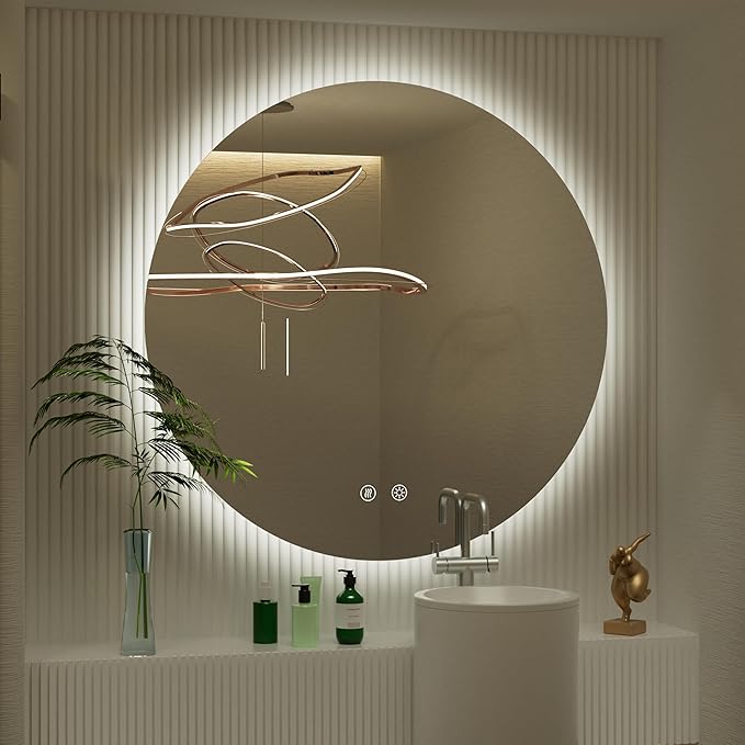 32 Inch Round LED Bathroom Mirror with Light, 3 Color Temperatures (3000K/4500K/6000K), Anti-Fog, Dimmable Backlit, Frameless Round Vanity Mirror with Lights