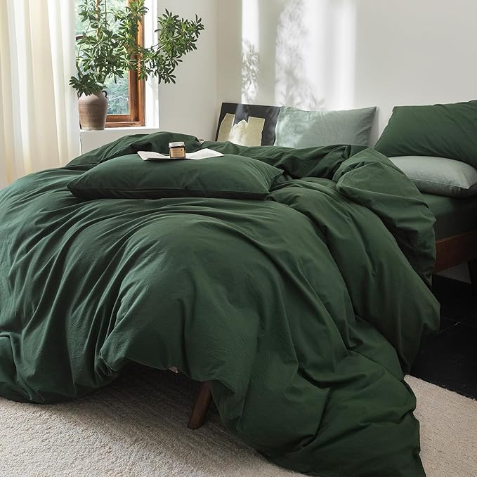 FOSSA Duvet Cover Set 100% Washed Cotton Linen Feel Super Soft Breathable Cozy 3 Pieces Bedding Sets Solid Forest Green Super King Plus