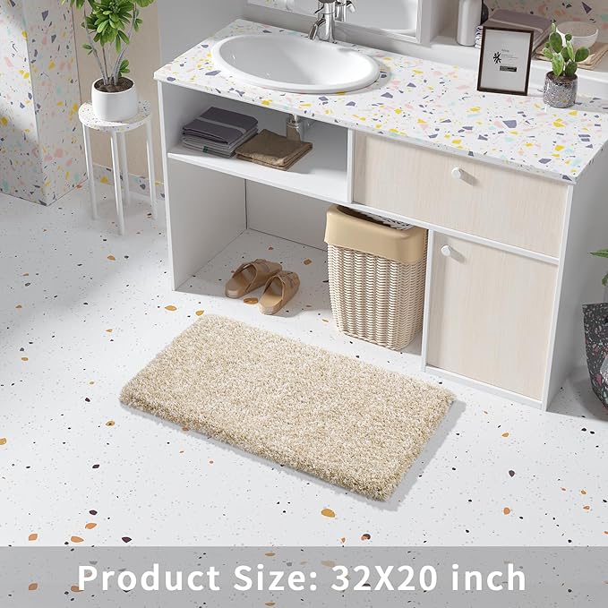 Yimobra Bath Rugs for Bathroom 32x20, Ultra Soft and Water Absorbent Bath Mats, Non Slip Plush Shower Mat Outside, Microfiber Mats for Bathroom Floor/Tub, Machine Washable, Light Beige and White