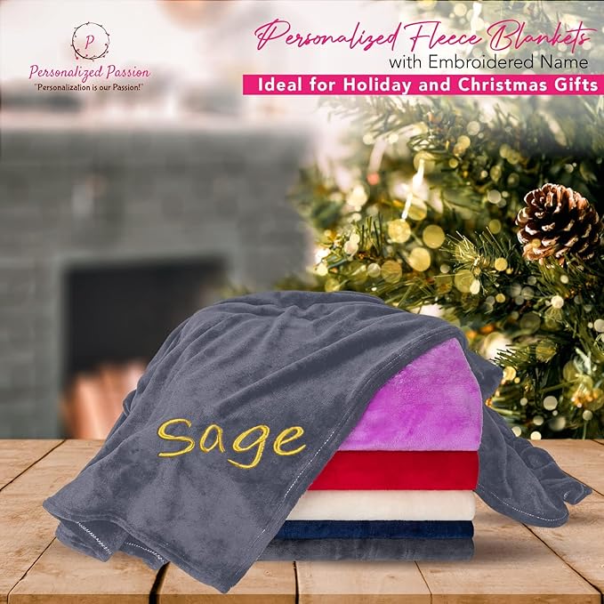Personalized Blankets for Adults - Custom Blanket with Embroidered Name or Monogram - Soft Fleece Throw Cover for Bed & Couch - Grey (60"x80")