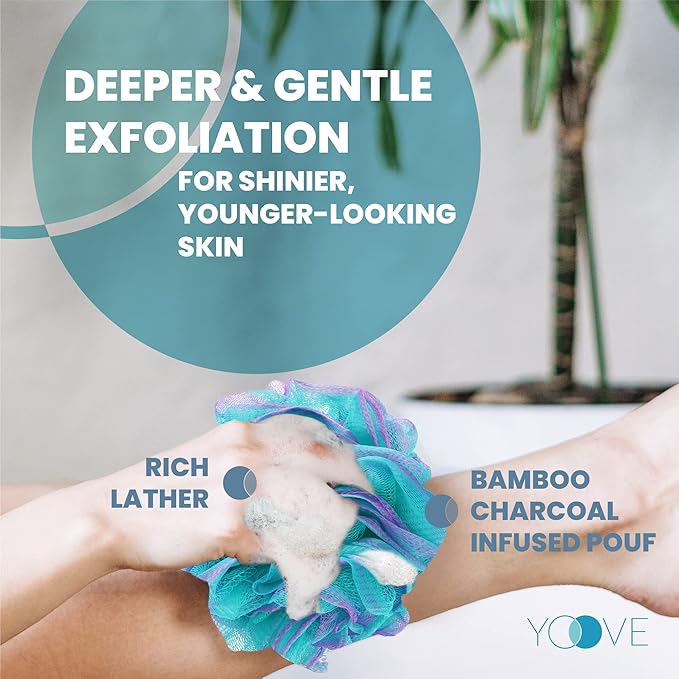 Yoove Bath Pouf with Handle - Body Scrubber Green Loofah for Women - Charcoal Infused Shower Loofah Sponge with Handle - Back Scrubber - Back Shower Sponge