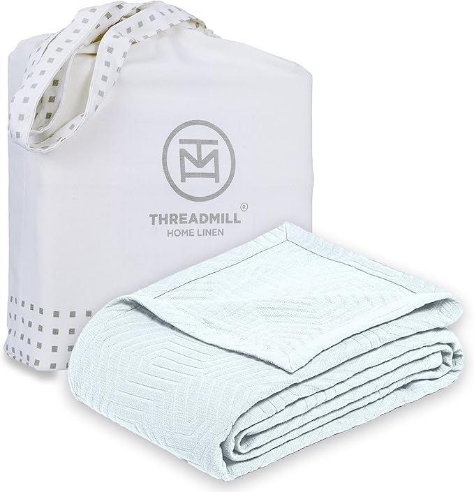 Threadmill Luxury Cotton Blankets for King Size Bed | All-Season Cozy 100% Cotton King Size Blanket | Aster Jacquard Soft & Lightweight Coverlet | Light Blue