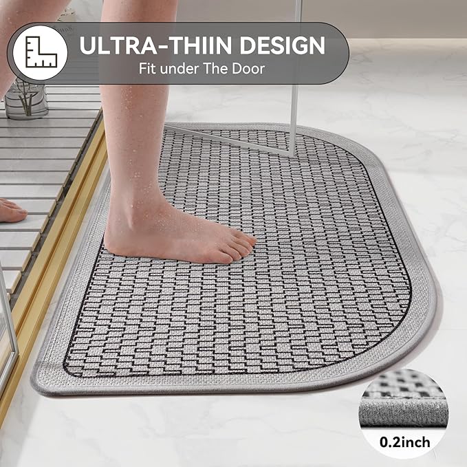 Bathroom Rugs Mat 20x31, Non Slip Ultra Thin Bath Mat Quick Dry Absorbent Washable Woven Half Round Bath Mats for Bathroom Floor Rubber Backed Fit Under Door Grey
