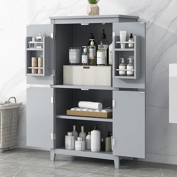 Freestanding Storage Cabinet with 4 Doors,Elegant Organizer Unit with Adjustable Shelves, Sturdy MDF Frame, Anti-Tipping Design, Large Capacity for Bathroom, Kitchen, Office, Home, Grey