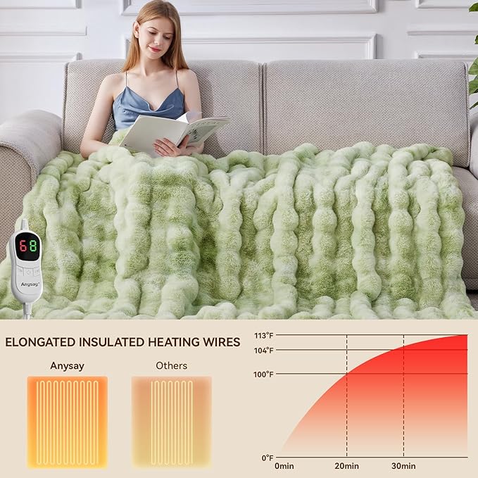 Heated Blanket Throw with 1/2/4/6/8 Hours Auto-Off 10 Heat Level, 72'' * 84'' Cozy Faux Rabbit Fur Bubble Electric Blanket with Overheat Protection(Tie-Dye Green)
