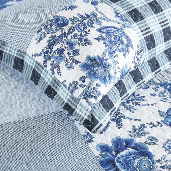 Cotton Bedspread Quilt Bedding Sets 3 Pieces Reversible Coverlet Sets Comforters Rustic Floral Patchwork Blue White Bedspread, Queen Size