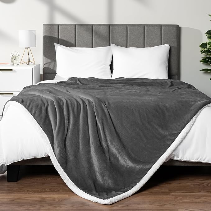 PAVILIA Sherpa Fleece Throw Blanket for Couch, Twin Size, Dark Grey, Plush Soft Fuzzy Sofa Blanket, Cozy Reversible Winter Throw for Women Men, 60x80 Inches