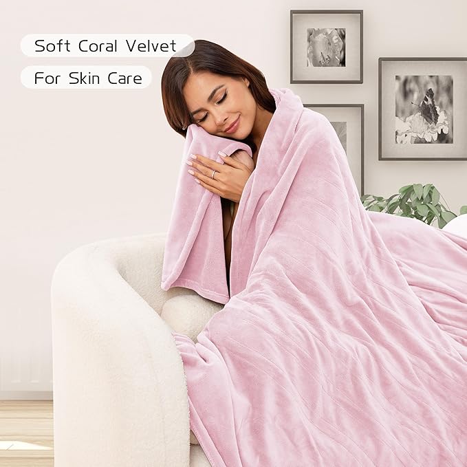 Electric Heated Blanket 84"x90" Queen Size, Soft Coral Fleece, Dual Controllers with 4 Heating Levels and 10 Hours Auto-Off, Machine Washable, Cozy Plush Fabric for Home, Pink