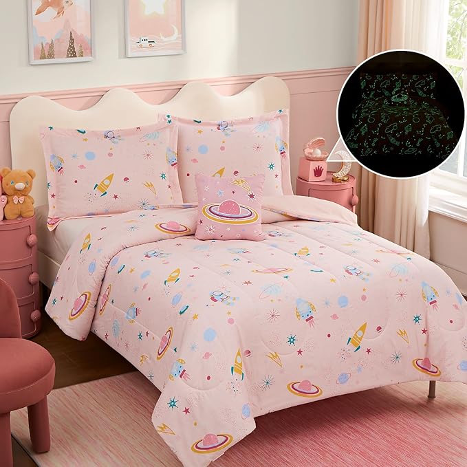 Full Size Comforter Set for Girls-4 Pieces Space Glow in The Dark Full Bedding Sets for Kids, 1 Comforter, 2 Shams and 1 Decor Pillow