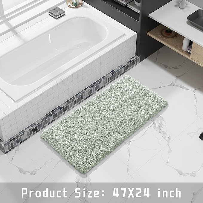 Yimobra Luxury Bathroom Rugs, Fluffy Bath Mats, Non Slip, Water Absorbent Microfiber, Machine Washable, Plush Runner Shower Rugs, Thick Matts for Bathroom Floor&Tub, 47"x 24", Light Green and White