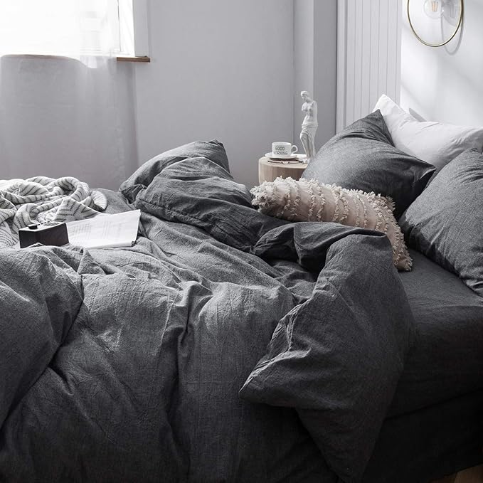 MooMee Bedding Duvet Cover Set 100% Washed Cotton Linen Like Textured Breathable Durable Soft Comfy (Heathered Dark Grey, Oversized Queen 98"x98")