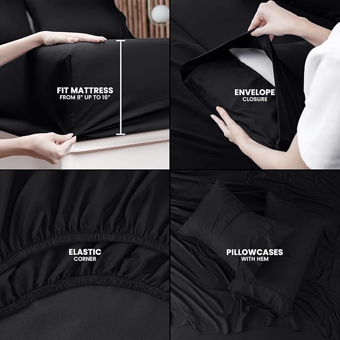 Utopia Bedding King Sheet Set – 4 Piece Bed Sheets for King Size Bed, Soft and Breathable Microfiber, Includes 1 Fitted Sheet, 1 Flat Sheet and 2 Pillowcases (Black)