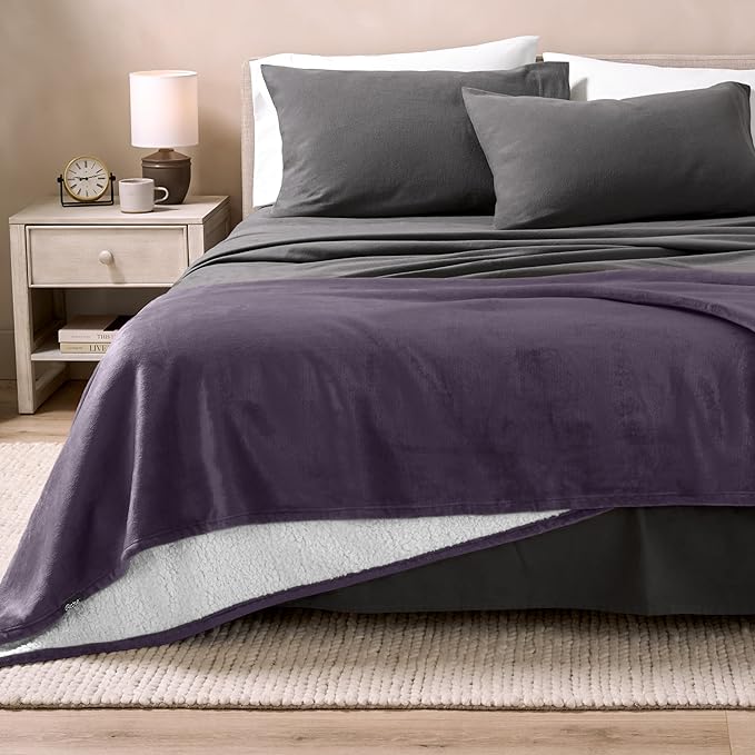 Bare Home Sherpa Fleece Blanket - King Size - Blanket for Bed, Sofa, and Couch - Warm & Lightweight - Fluffy & Soft - Reversible (King, Eggplant)