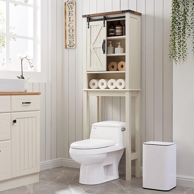 RedLemon Farmhouse Over The Toilet Storage Cabinet Set of 2, 68" Tall with Sliding Barn Doors & Adjustable Shelves, Rustic Above Toilet Storage Cabinet, Antique White