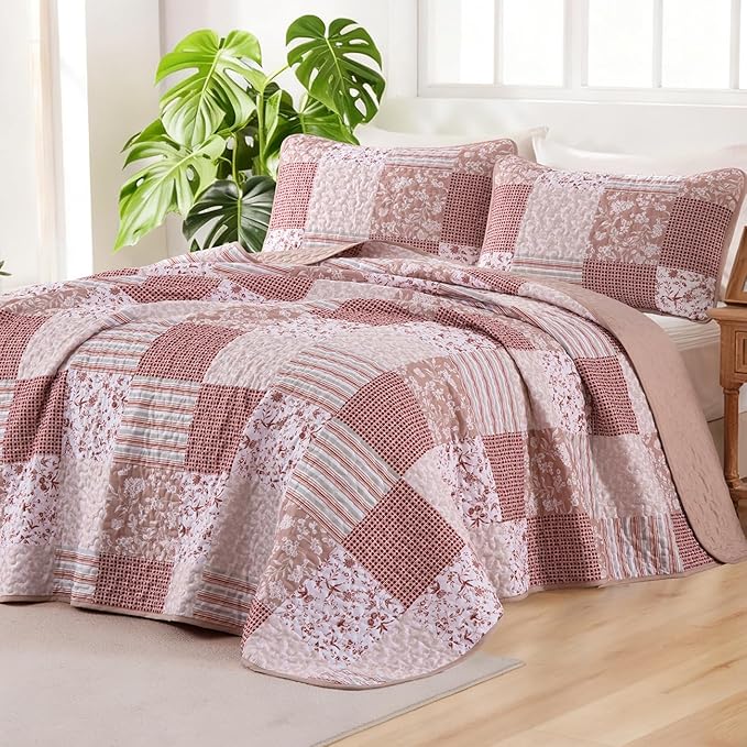 Mybedsoul Patchwork Quilt Set Queen Size, 3 Pieces Pink Floral Plaid Bedspread Coverlet Set, Reversible Soft Microfiber Bedding Set for All Season, Fall Winter Queen 90"x96"