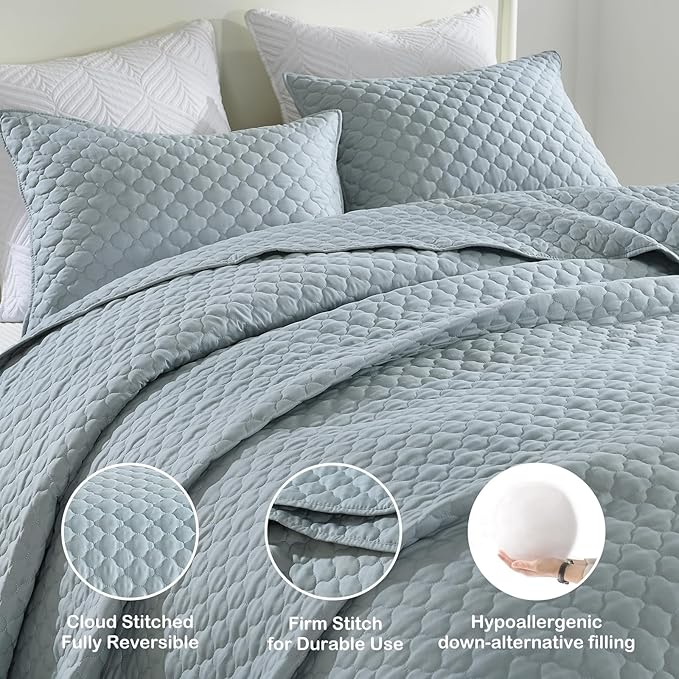 HORIMOTE HOME Quilt Queen Size Chambray Blue, Lightweight Quilt for Summer Ultra-Soft Microfiber Modern Style Quilted Clouds Pattern Bedspread Quit Set 3 Pieces(1 Quilt and 2 Pillow Shams)