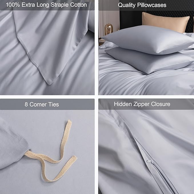 MooMee Duvet Cover Set 100% Extra Long Staple Cotton 600 Thread Count Silky Sateen Smooth Luxury Soft Breathable Durable Hotel Quality Bedding, 3 Pieces (Pale Blue, King 104"x90")
